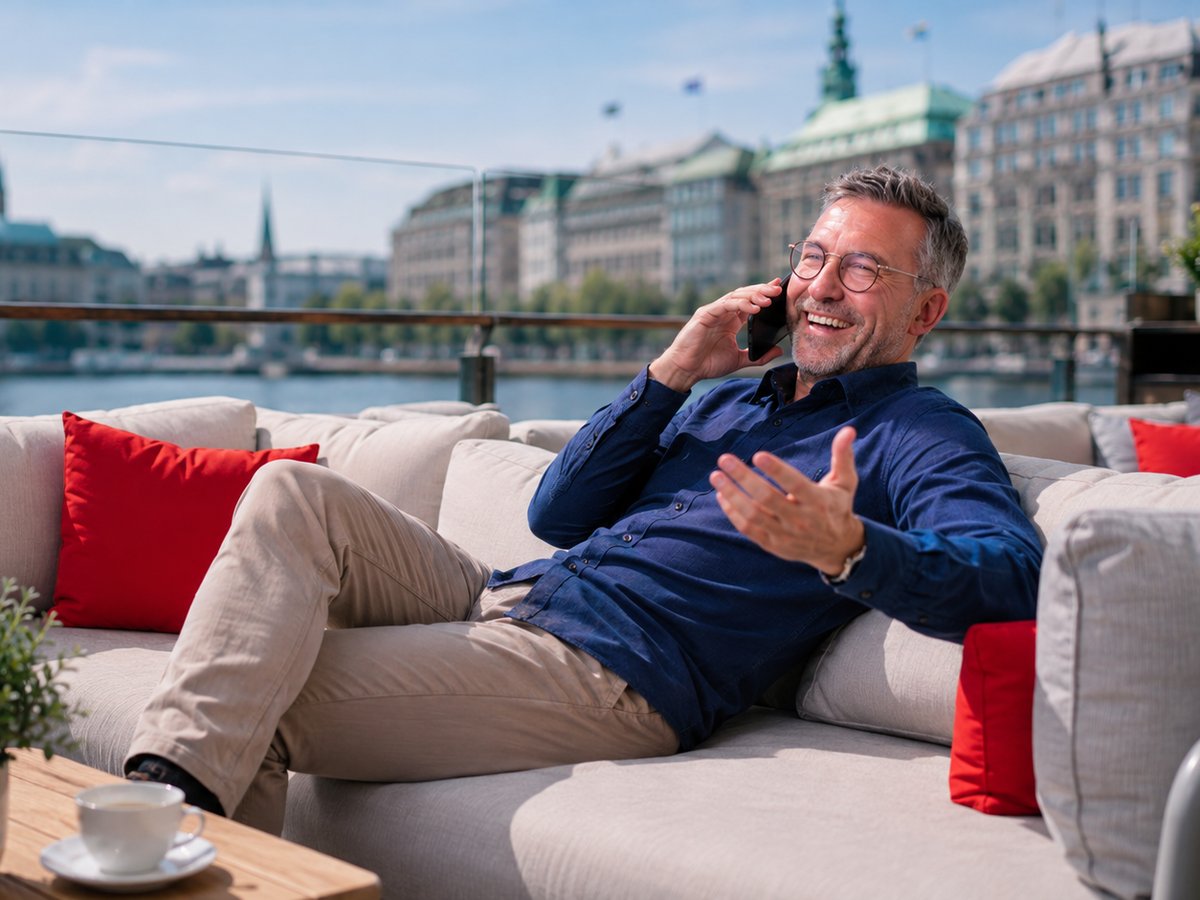 Uwe-Michael Sinn telefoniert entspannt auf einer Terrasse mit Blick über die Alster