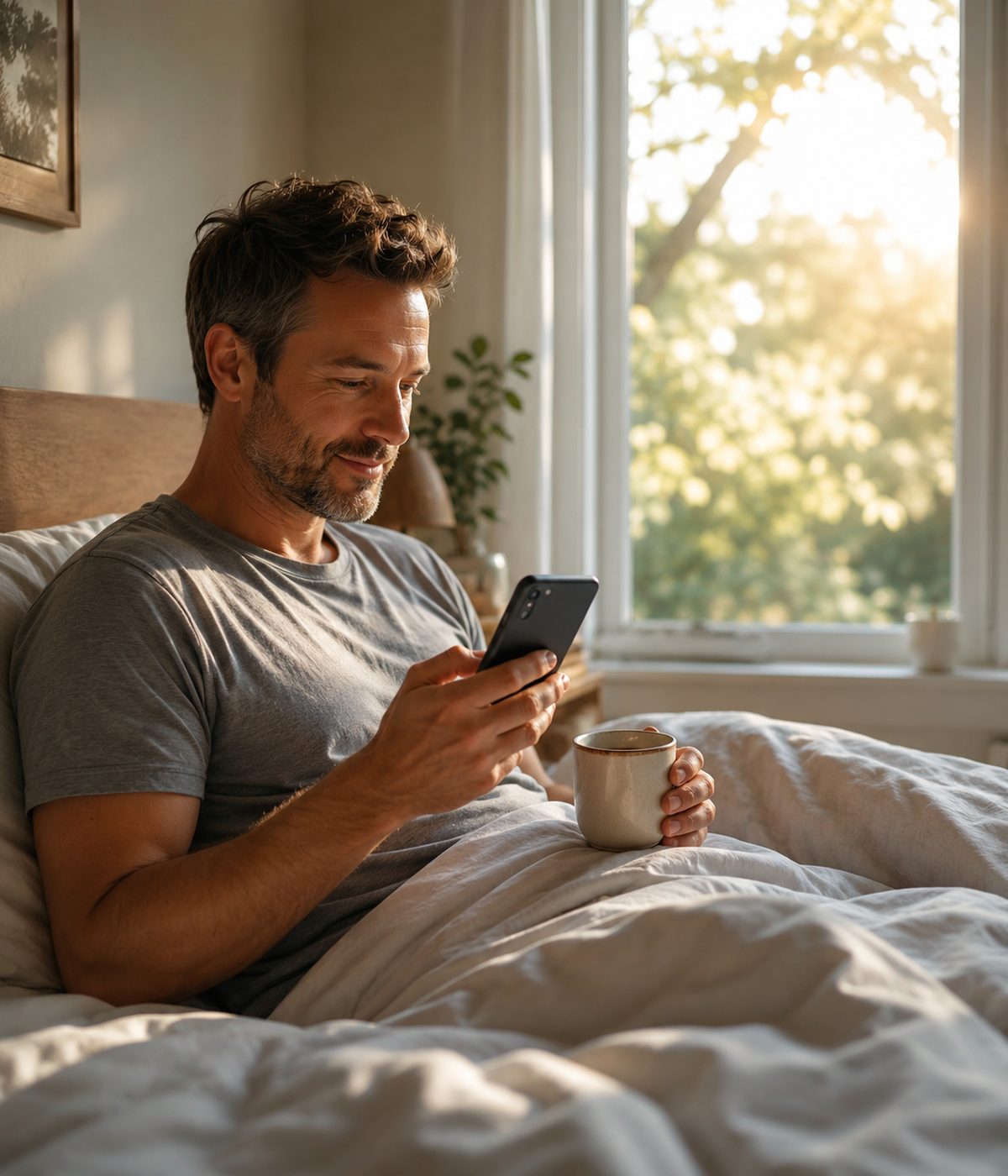 Mann Anfang dreißig sitzt im Bett und schaut auf sein Smartphone